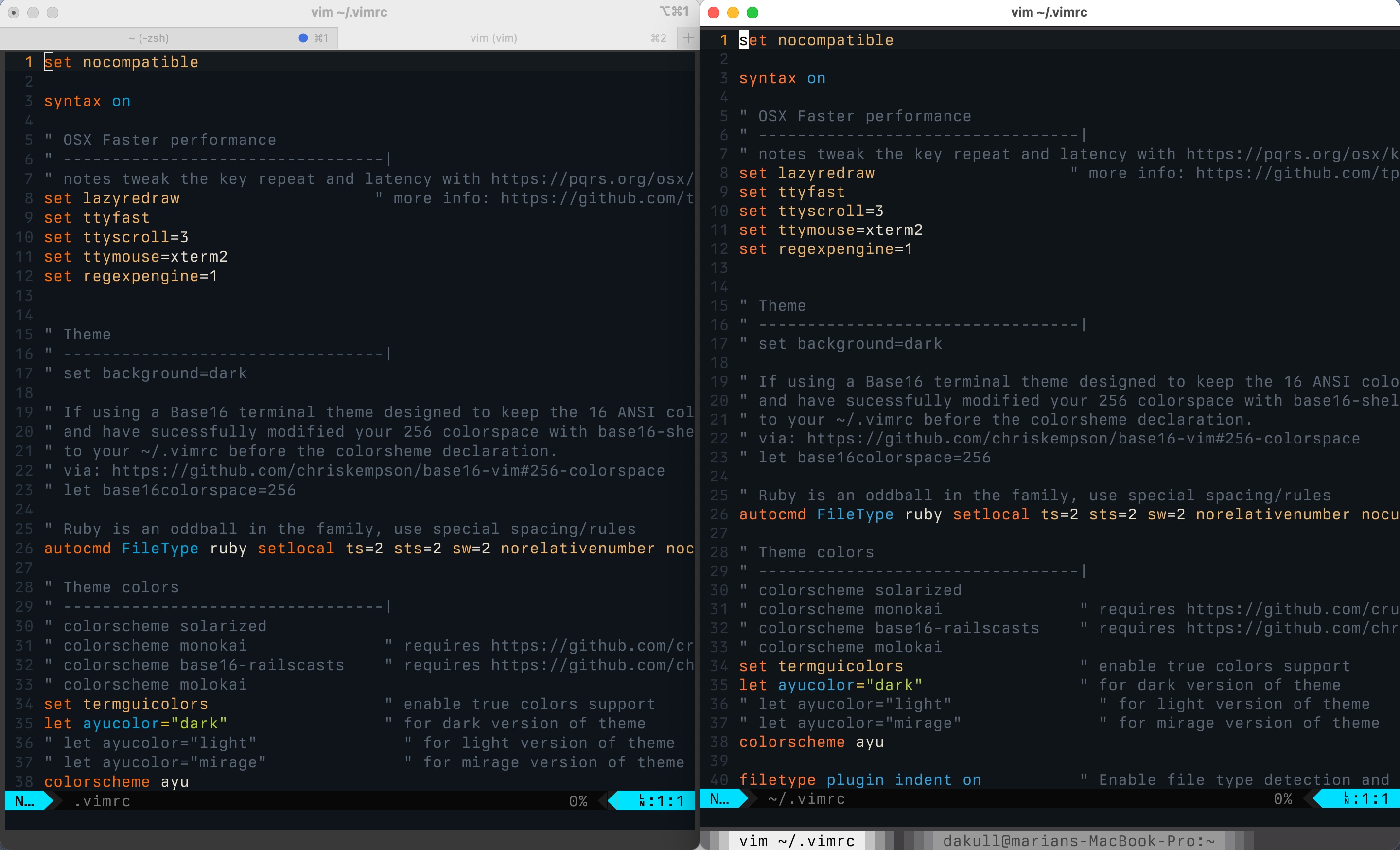 Side-by-side comparison of iTerm2 and Kitty